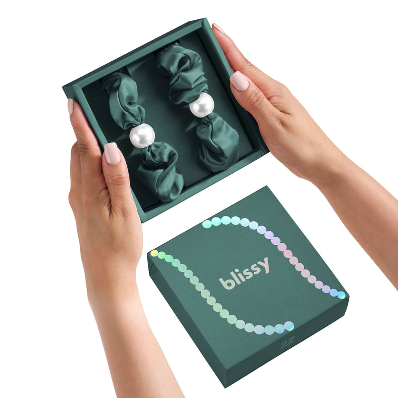 Blissy Emerald Blissy Pearl Scrunchies – 22 Momme Mulberry Silk, 100% Silk