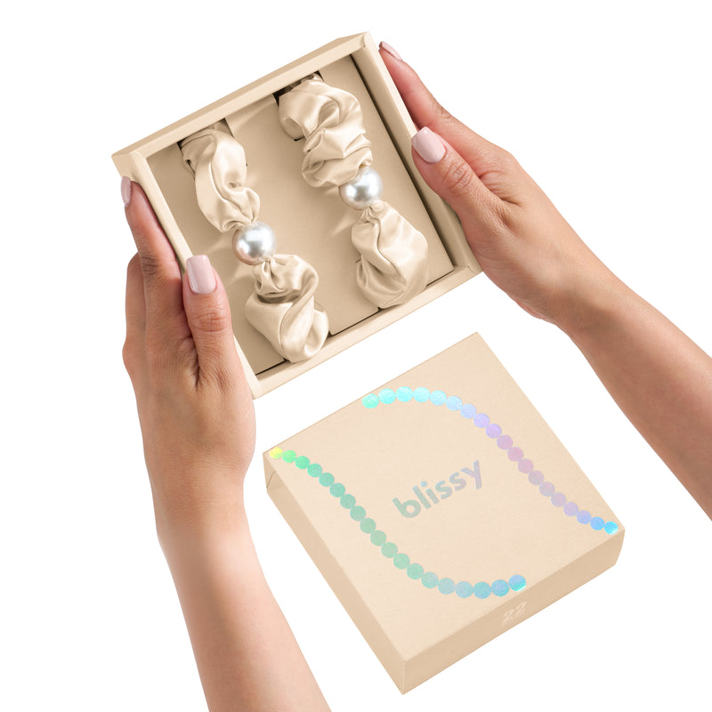 Blissy Taupe Blissy Pearl Scrunchies – 22 Momme Mulberry Silk, 100% Silk
