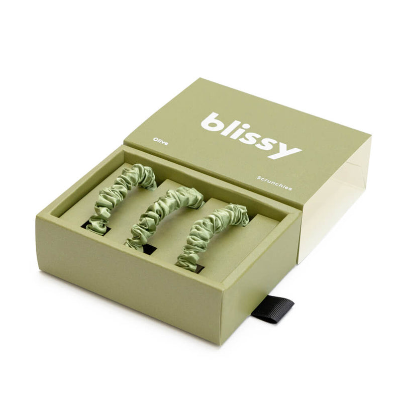 Blissy Olive Blissy Skinny Scrunchies – 22 Momme Mulberry Silk, 100% Silk