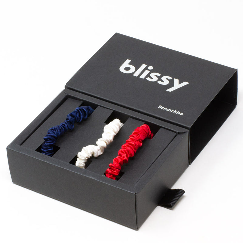 Blissy Red, White, Blue Blissy Skinny Scrunchies – 22 Momme Mulberry Silk, 100% Silk