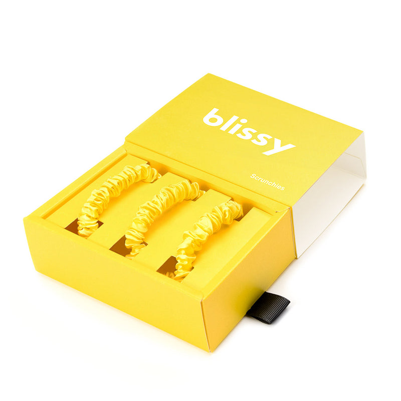 Blissy Sunshine Yellow Blissy Skinny Scrunchies – 22 Momme Mulberry Silk, 100% Silk