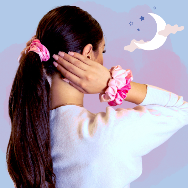 Silk scrunchies for overnight use shown on long hair; gentle hold protects strands from frizz, breakage, and discomfort while you sleep