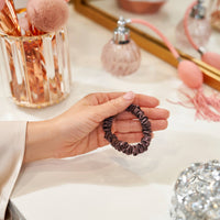 Plum Blissy Skinny Scrunchies Close-Up – Blissy 22 Momme Silk
