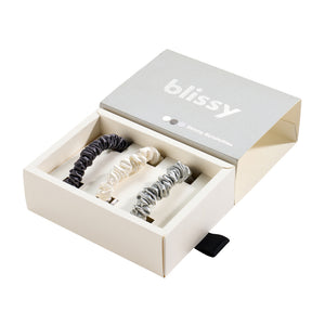 Blissy White, Gray, Silver Blissy Skinny Scrunchies – 22 Momme Mulberry Silk, 100% Silk