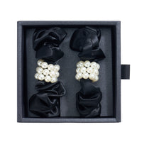 Black Blissy Petite Pearl Scrunchies Close-Up – Blissy 22 Momme Silk