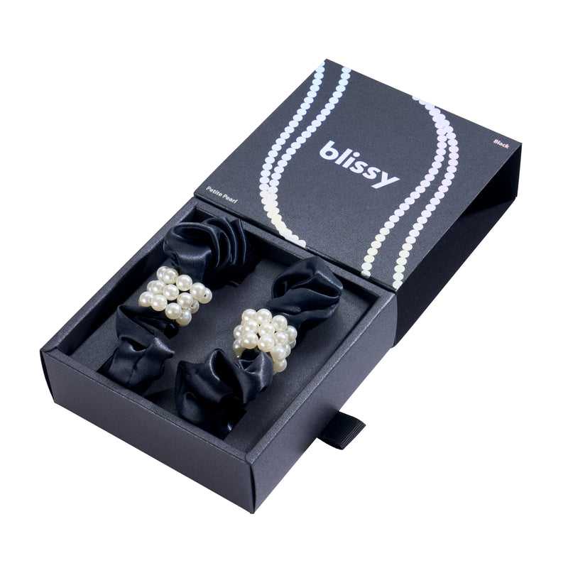 Blissy Black Blissy Petite Pearl Scrunchies – 22 Momme Mulberry Silk, 100% Silk