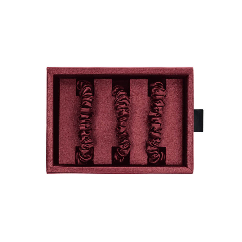 Burgundy Blissy Skinny Scrunchies Close-Up – Blissy 22 Momme Silk