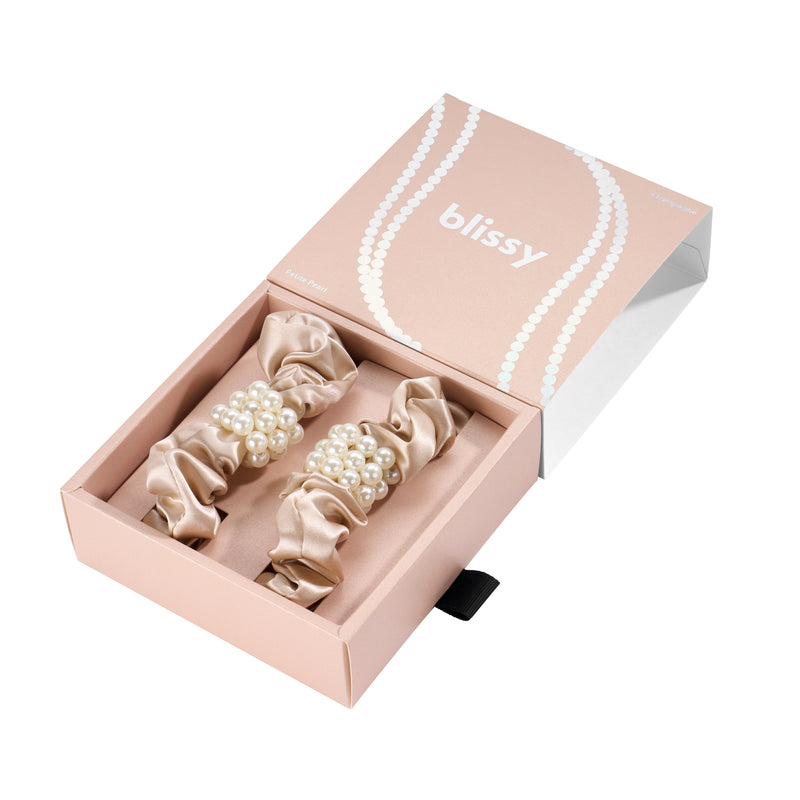 Blissy Champagne Blissy Petite Pearl Scrunchies – 22 Momme Mulberry Silk, 100% Silk