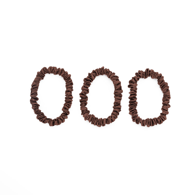 Chocolate Blissy Skinny Scrunchies Close-Up – Blissy 22 Momme Silk