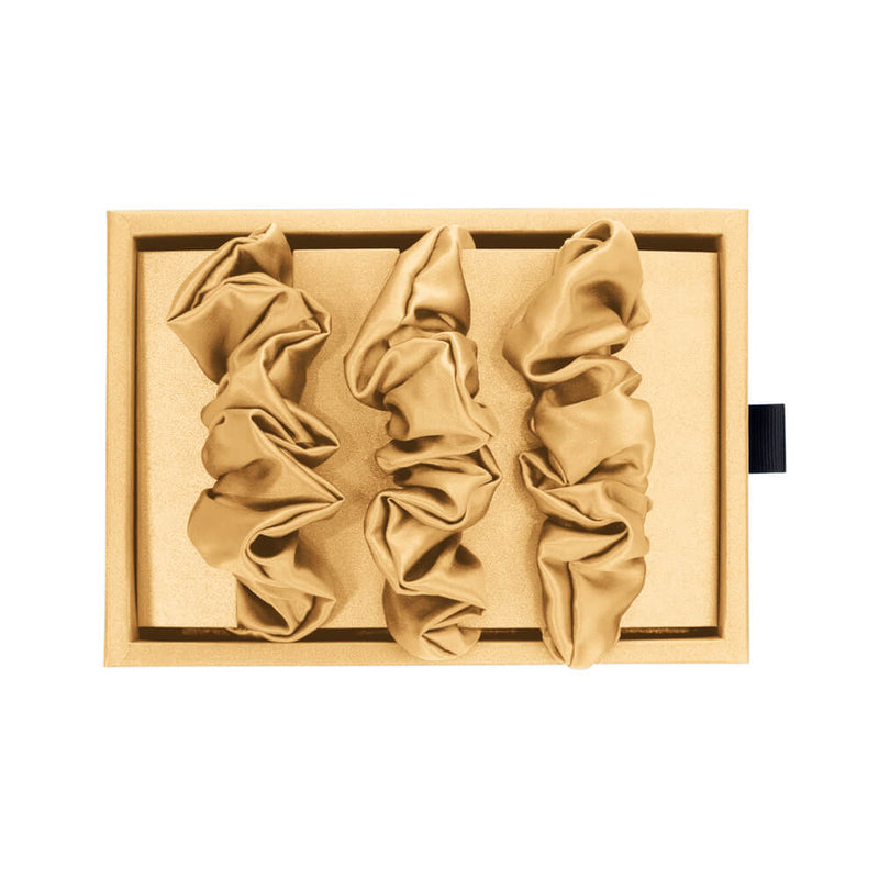 Gold Blissy Scrunchies Close-Up – Blissy 22 Momme Silk