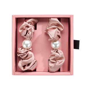 Rose Gold Blissy Pearl Scrunchies Close-Up – Blissy 22 Momme Silk