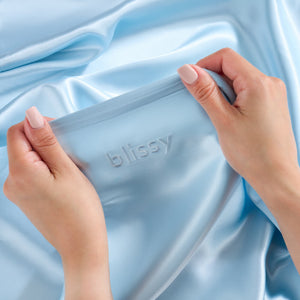Blissy Queen Sky Blue Pillowcase Lifestyle – Mulberry Silk