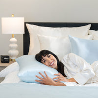 Blissy Queen Sky Blue Pillowcase Lifestyle – Mulberry Silk