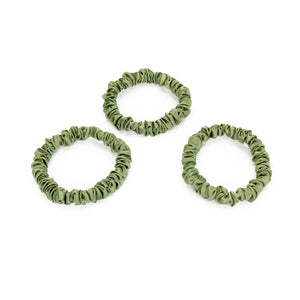Olive Blissy Skinny Scrunchies Close-Up – Blissy 22 Momme Silk