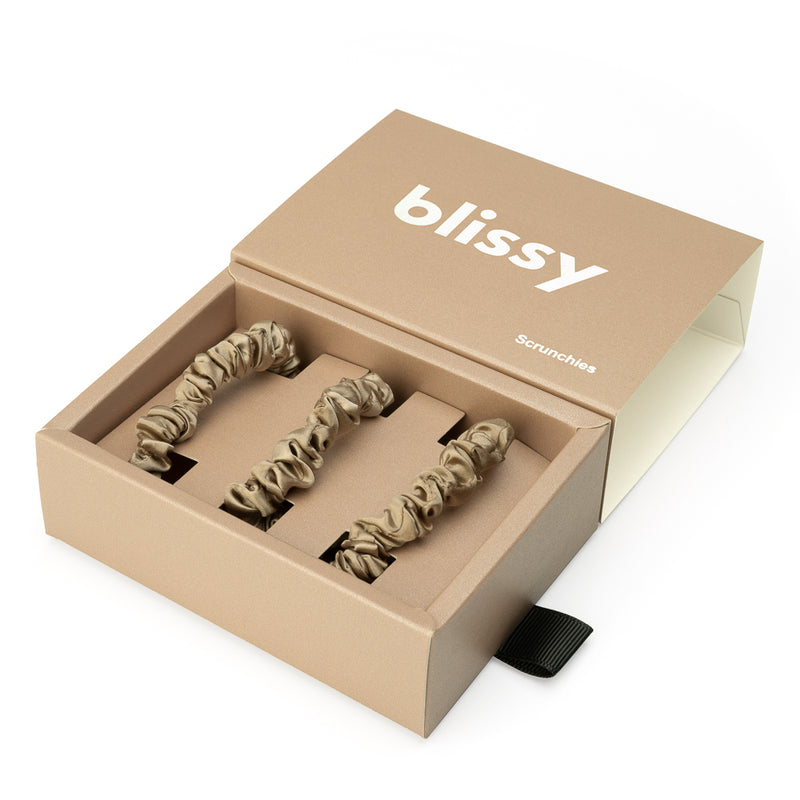 Blissy Taupe Blissy Skinny Scrunchies – 22 Momme Mulberry Silk, 100% Silk